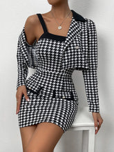 Houndstooth Print Lapel Neck Crop Jacket & Bodycon Dress
